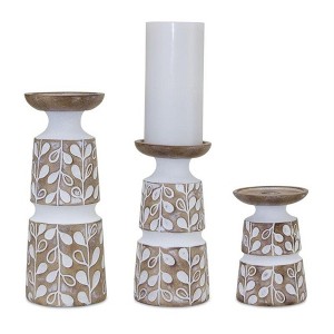 Leaf Pattern Candle Holder Set – 10.25"H – White Washed Faux Wood Design Trio – By Melrose - 1 of 4