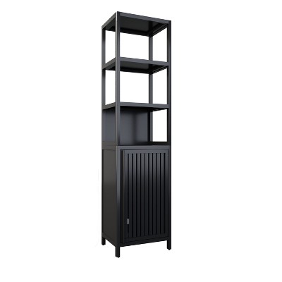 VANIRROR Black Tall Slim Storage Cabinet with Shutter Door &3 Tiers, Freestanding Linen Tower Organizer for Living Room, Bathroom, Natural Bamboo