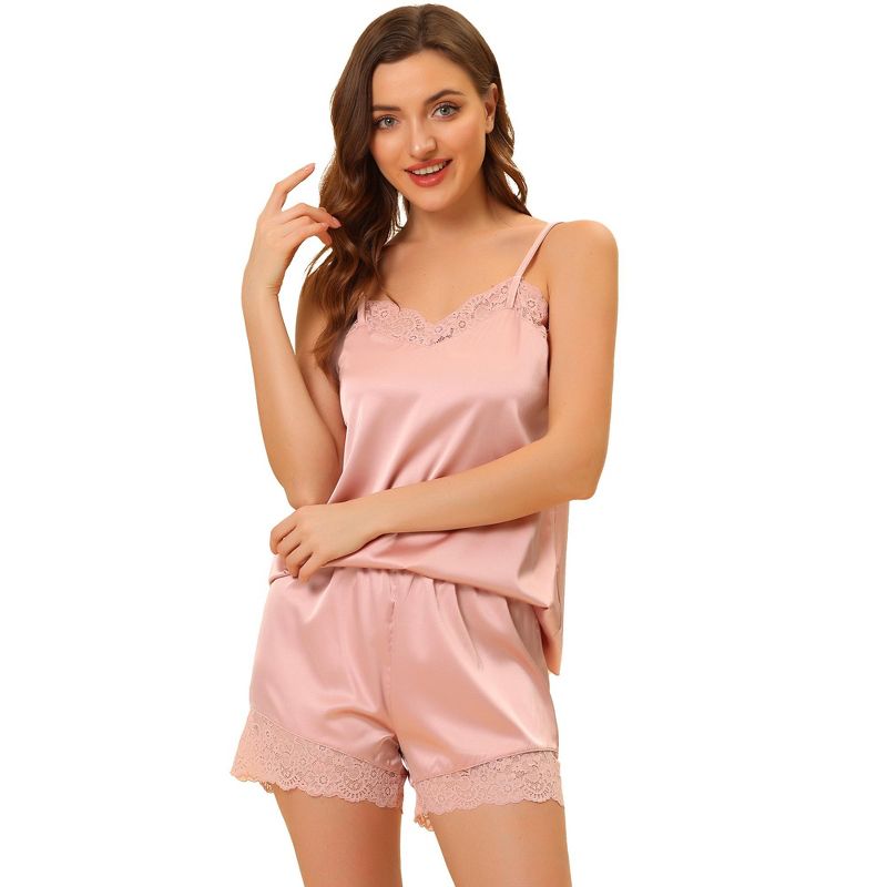 Allegra K Women's Satin Lace Trim Cami Tops with Shorts Lounge Pajama Set, 1 of 6