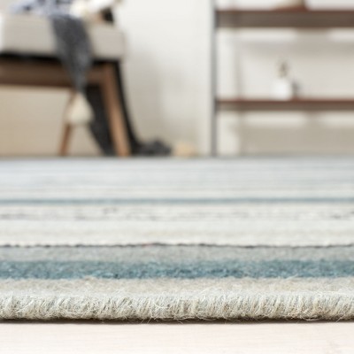 Gray and Blue Striped Wool Flat Woven Rug, 4' x 6'