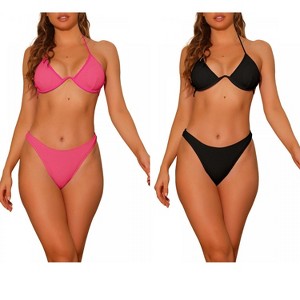 Elerevyo Women's Halter Underwire Ribbed Bikini Sets, 2 Piece Double Straps Tie Back Triangle Bottoms Swimwear Bathing Suits 2 Sets - 1 of 4