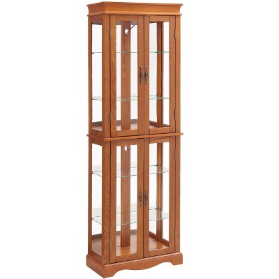 YOOCOZZ Lighted Glass Curio Display Cabinet Glass Storage Wine Cabinet Wood Frame Toy Display, Light Bulb Included