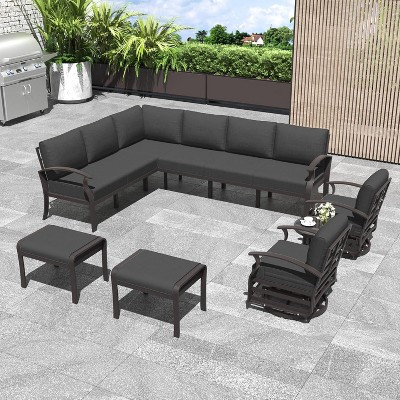 ALAULM Patio Furniture Set 10-Piece Aluminum Sectional Sofa with Armrest, Modern Outdoor Conversation Set
