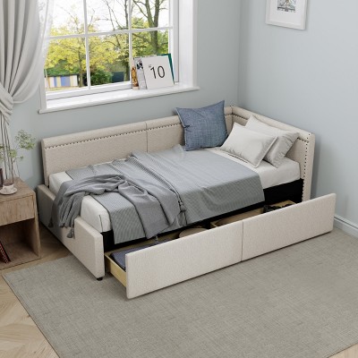 TIRAMISUBEST Modern Style L-Shaped Corner Bed Frame with Nailhead Trim, Twin Size Upholstered Daybed with 2 Drawers