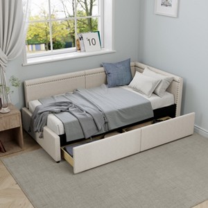TIRAMISUBEST Modern Style L-Shaped Corner Bed Frame with Nailhead Trim, Twin Size Upholstered Daybed with 2 Drawers - 1 of 4