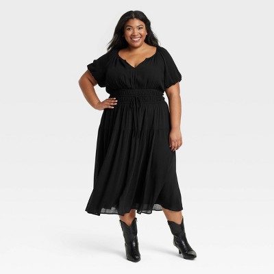 Women's Puff Short Sleeve Drop Tiered Midi A-Line Dress - Universal Thread™