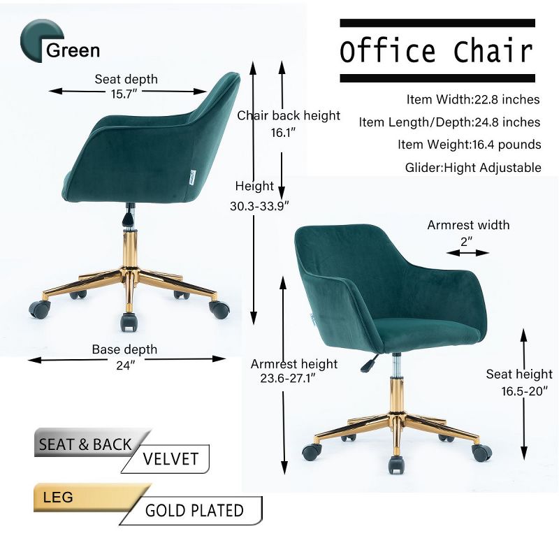 Velvet Fabric Home Office Chair With Gold Metal Leg,Desk Chair with 360° Swivel and Adjustable Height,Rolling Chair with Universal Wheels-The Pop Home, 4 of 8