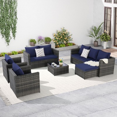 6 Piece Outdoor Wicker Rattan Patio Furniture Set All Weather Sectional Sofa Conversation Set with Glass Table Cushions and Pillows