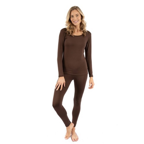 Leveret Womens Two Piece Thermal Pajamas Solid Brown XS