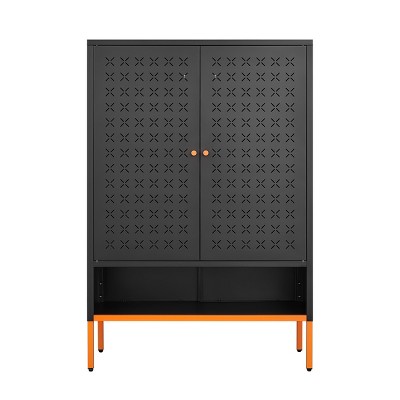 GlasFlength Shoe Racks Double Door Shoe Cabinet Long Shoe Rack FreeStanding Shoe Rack for Living Room, Black, 31.49"*13.77"*46.45"