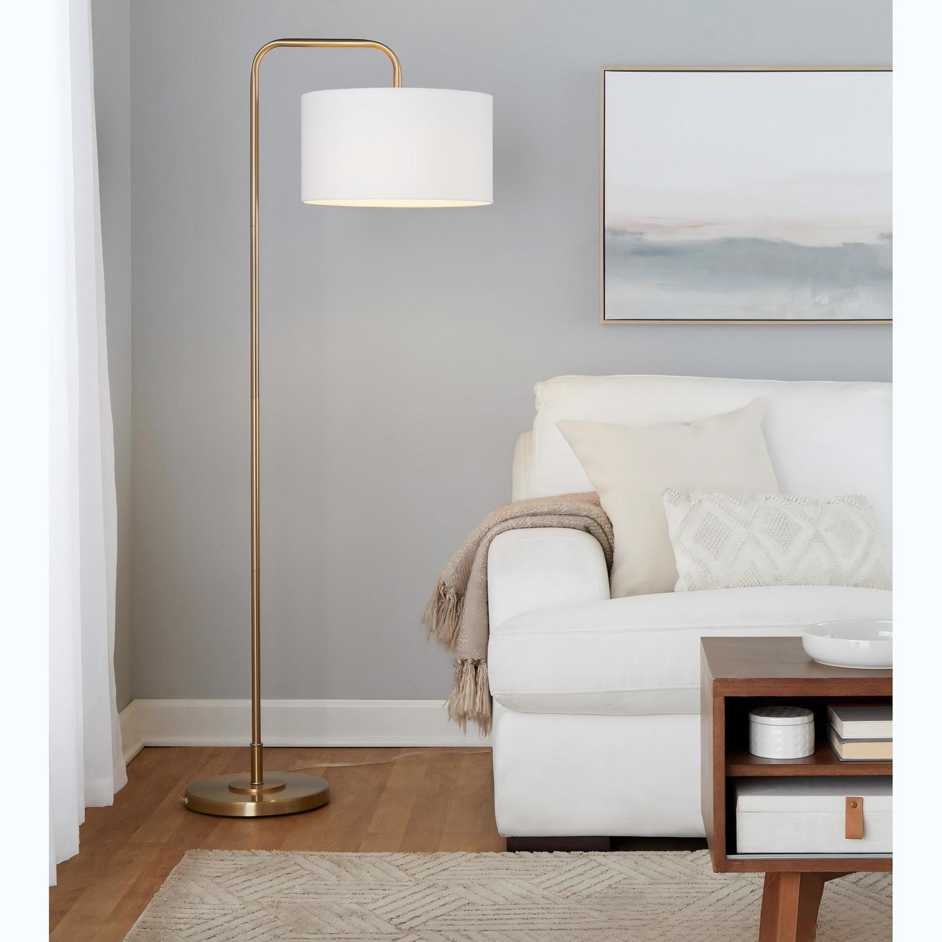 63.75 inch Contemporary Metal Floor Lamp with Linen Drum Shade for Living Room, 1 100W Bulb Needed