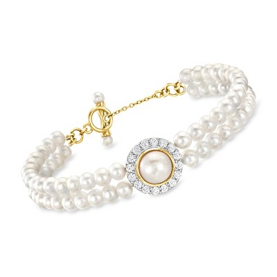 Ross-Simons 3-8.5mm Cultured Pearl and 1.00 ct. t.w. White Zircon Bracelet in 18kt Gold Over Sterling Size 7