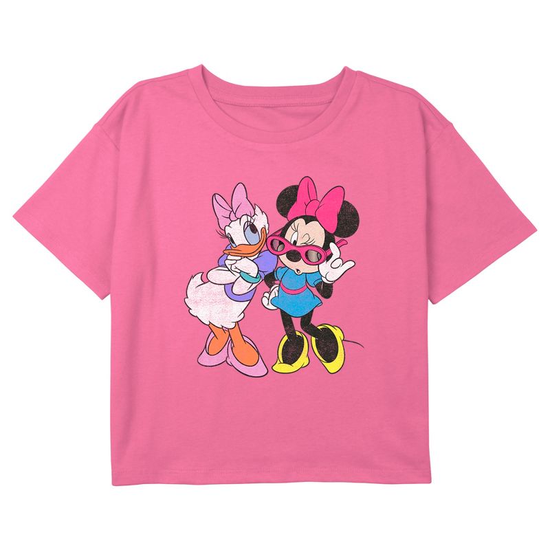 Girl's Mickey & Friends Daisy Duck and Minnie Mouse Sunglasses Crop T-Shirt, 1 of 4