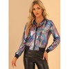 INSPIRE CHIC Women's Holographic Fashion Stand Collar Metallic Lightweight Zip Bomber Jacket - 3 of 4