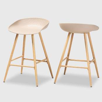 Set of 2 Mairi Plastic and Wood Counter Height Barstools Beige/Natural - Baxton Studio