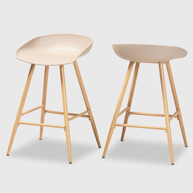 Set of 2 Mairi Plastic and Wood Counter Height Barstools Beige/Natural - Baxton Studio, 1 of 9
