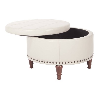 Alloway Cream Faux Leather Round Storage Ottoman with Antique Bronze Nailheads