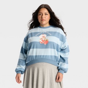 Women's Strawberry Shortcake Striped Cropped Fleece Graphic Sweatshirt - Light Blue - 1 of 3