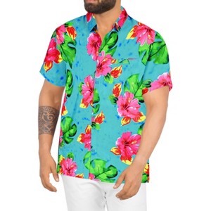 HAPPY BAY Men s Hawaiian Shirt Collar Large Ocean Floral Blue