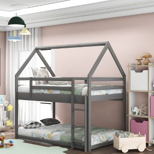 Twin Over Twin Low Bunk Bed With Slide And Ladder, Twin Bed Frames House Bed Frame With Roof Twin Size Bed Frame For Toddlers - 1 of 4