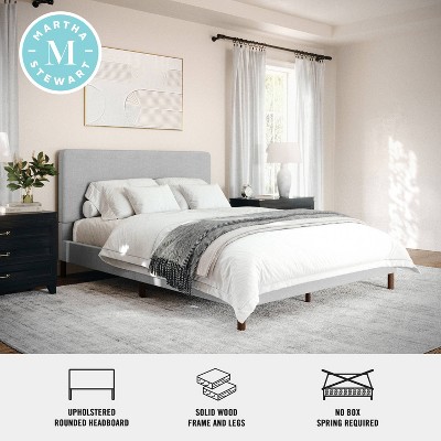 Gray Queen Upholstered Platform Bed with Linen Headboard