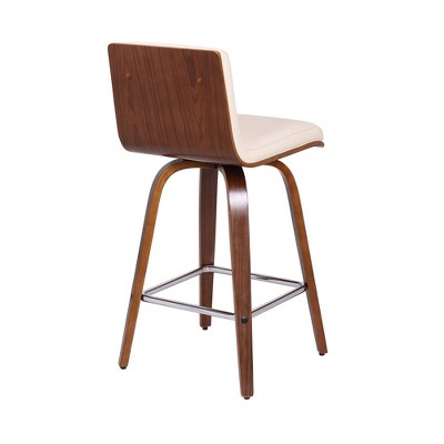 26" Cream Faux Leather and Walnut Wood Swivel Bar Stool