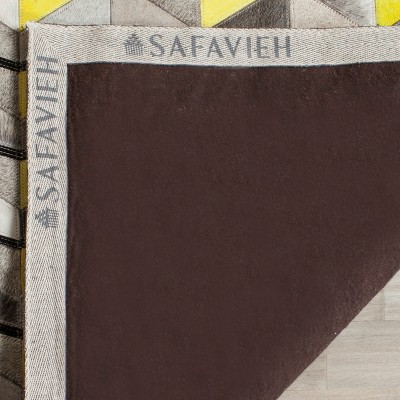 Ivory and Yellow Hand-Knotted Geometric Cowhide Rug, 5' x 8'
