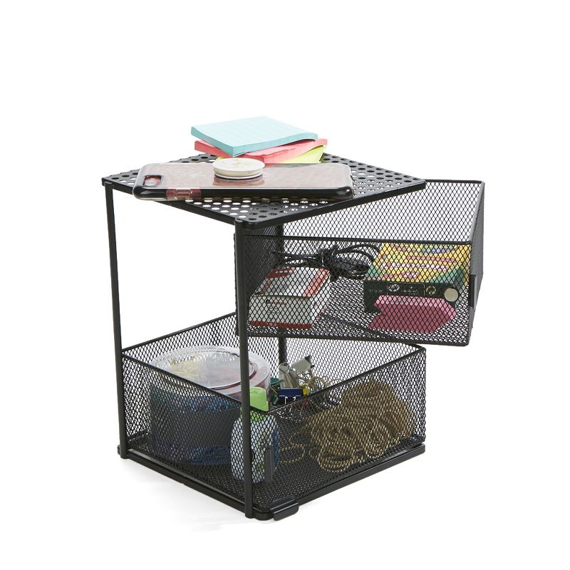 MIND READER Metal Mesh Magnetic Organizer [2 TIER] Slide Out Basket Drawer For Kitchen, Bathroom, Office Desk (BLACK), 3 of 15