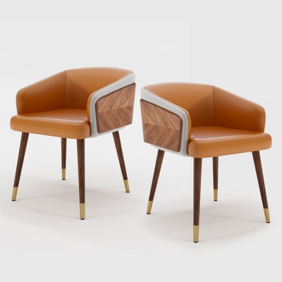 ARTPLAN Mid Century Modern Dining Chair Set of 2,Faux Leather Uphoolsted Accent Arm Chair,Walnut with Beech Feet for Dining Room/Home Office