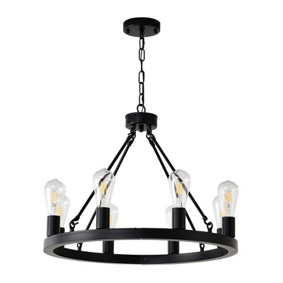 Airsurfer 8-Light Matte Black Wagon Wheel Chandelier (No Bulbs), Farmhouse Modern Round Ceiling Light for Kitchen Island, Living Room, Entryway