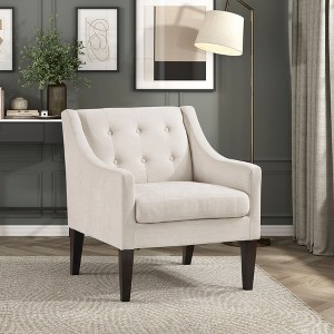 Fabric Upholstery Accent Chair with Button-Tufted Back, Foam Cushions, Reversible Seat and Brown Wood Legs - 1 of 4