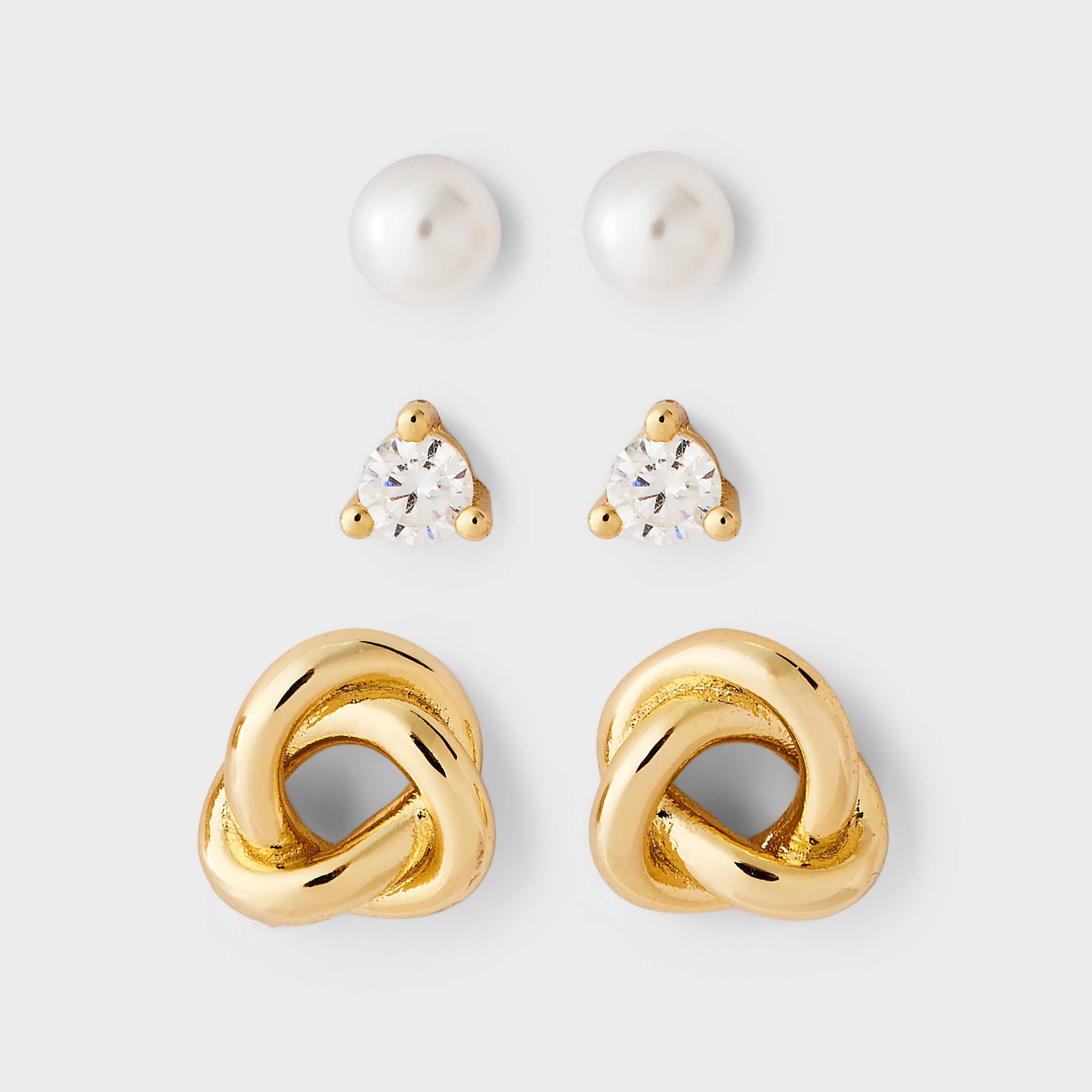 14K Gold Plated & Cubic Zirconia Stud with Knot Stainless Steel Post Earring Set 3pc - A New Day™ Gold