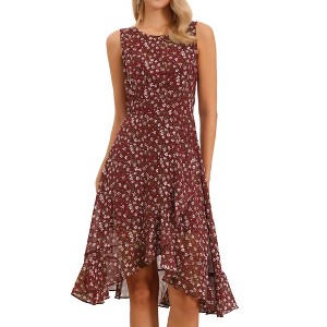 Allegra K Women's Wrap Ruffle High Low Hem Round Neck Keyhole Back Sleeveless Floral Dress - 1 of 4