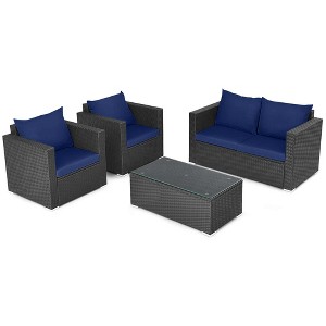 Tangkula Set of 4 Patio Rattan Conversation Furniture Set Outdoor Wicker Sofa Set with Padded Cushion & Tempered Glass Coffee Table Navy - 1 of 4