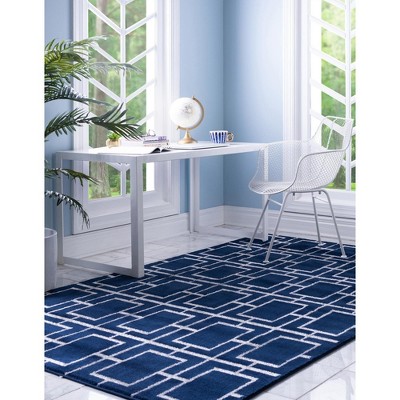 Navy Blue and Silver Geometric Synthetic Rectangular Rug