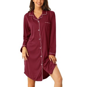 cheibear Women's Satin Button Down Long Sleeve Silky Boyfriend Nightshirt - 1 of 4