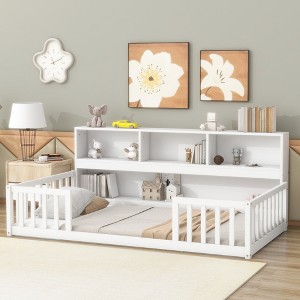 CAVINAS Twin Size Wood Montessori Bed with House-Shaped Headboard,Modern Floor Bed with Slats and Handrails,Toddler Bed for Bedroom - 1 of 4