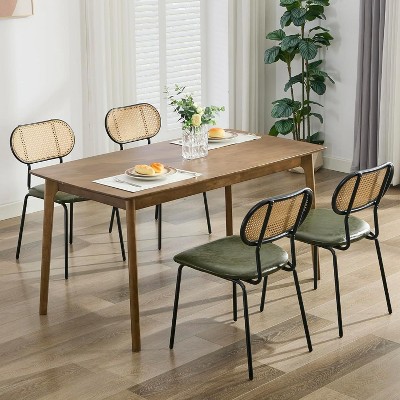 TYBOATLE Dining Chairs Set of 2, Mid-Century Modern Rattan Back Chairs with Black Faux Leather, Metal Legs, Boho Cane Chairs for Dining Room