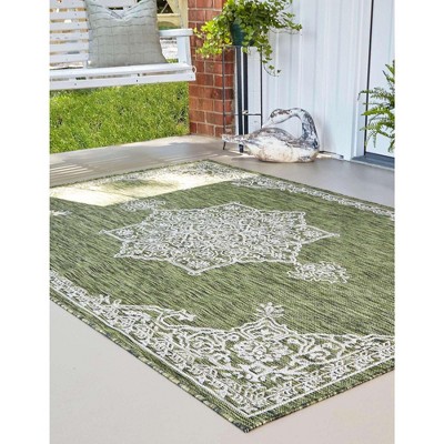 Green Rectangular Stain-Resistant Outdoor Area Rug