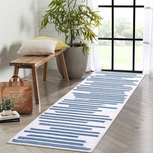 2'x6' Washable Modern Berber Stripe Rug, Low Pile, Non-Slip, Soft & Foldable, Ideal for Living Room, Bedroom, Dining, Office, Beige Blue - 1 of 4