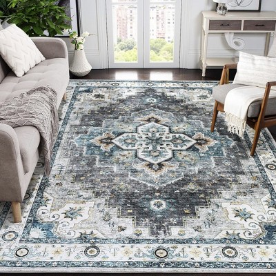 Washable Boho Area Rugs for Living Room Bedroom Vintage Persian Medallion Rug Non Slip Low Pile Carpet, 5'x7' Beige Gray