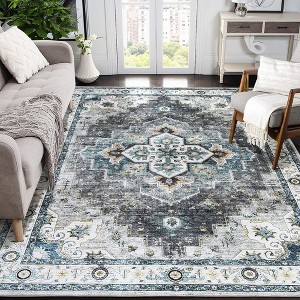 Washable Boho Area Rugs for Living Room Bedroom Vintage Persian Medallion Rug Non Slip Low Pile Carpet, 8'x10' Beige Gray - 1 of 4