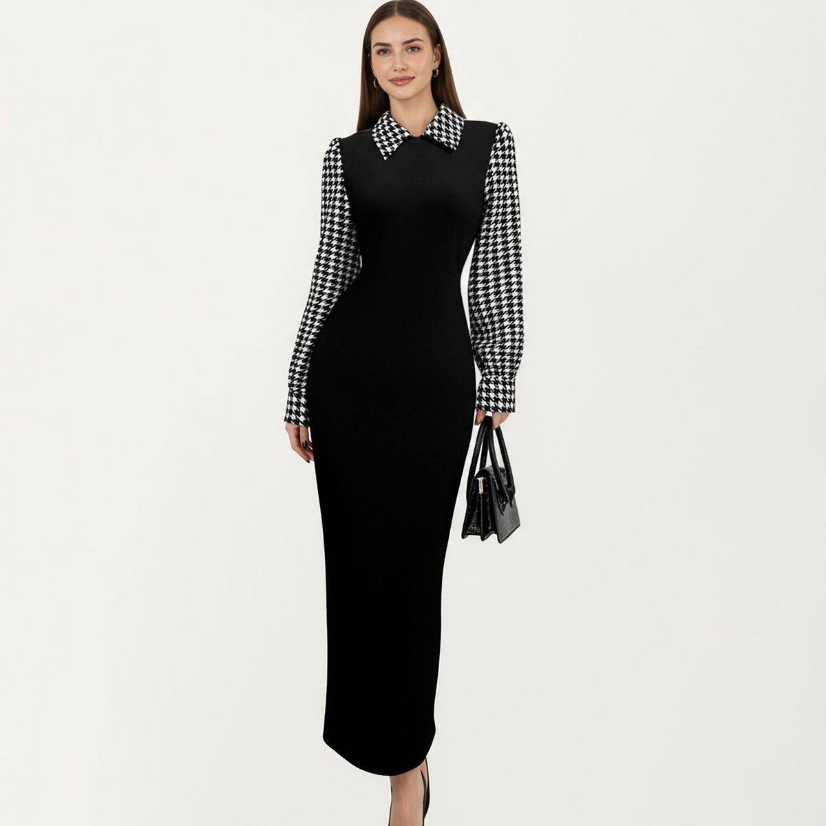 Anna-Kaci Women's Long Sleeve Houndstooth Collar Maxi Dress with Fitted Silhouette and Contrast Design - thumbnail 2