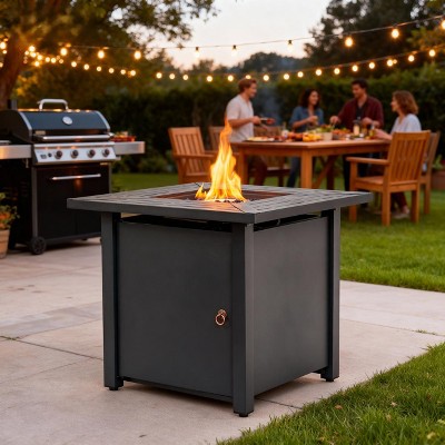 30" Propane Gas Fire Pit Table, 50,000 BTU Outdoor Square Firepit with Lid & Lava Rocks, Steel Patio Fire Table for Deck, Garden, Backyard - Black