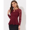INSPIRE CHIC Women's Floral Lace Front Peplum Hem Keyhole Sheer Long Sleeve Blouse - 2 of 4