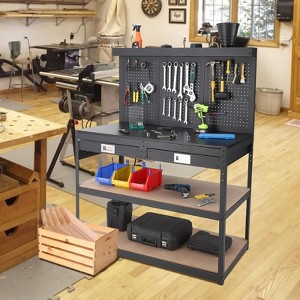3-Tier Metal Workbench with 2 Drawers, 1000 LBS Capacity - Workshop Workstation with Pegboard & ETL-Certified Power Outlets - 1 of 4