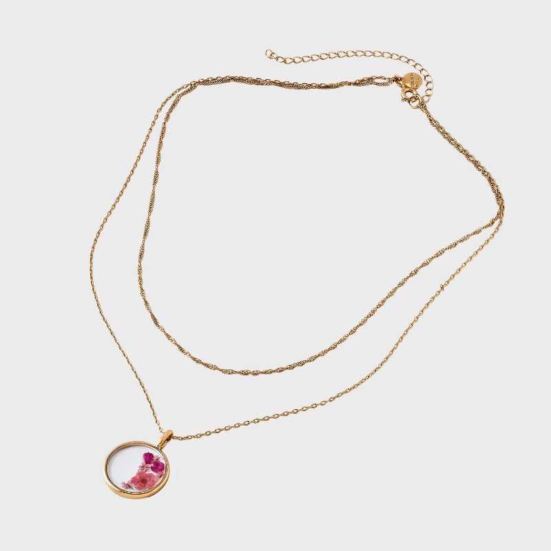 Bella Uno Bellissima Silver Plated KT Flash Pressed Flower Pink Wildflower Round Faux Duo Chain Necklace - Gold, 3 of 5