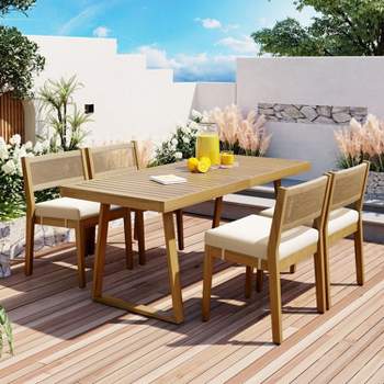 5-Piece Acacia Wood Patio Dining Set, Outdoor Furniture with Dining Table and Chair Set, Thick Cushions - Maison Boucle