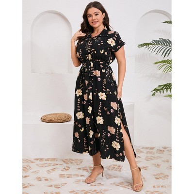 Plus Size Shirt Dress Women Summer Short Sleeve Maxi Dress with Belt Side Slit