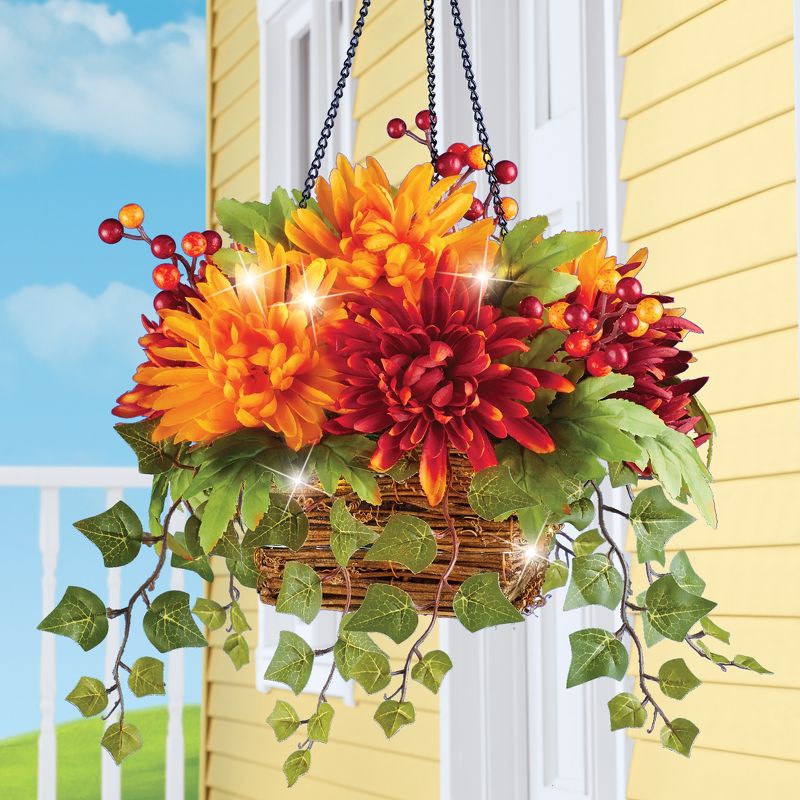 Collections Etc LED Lighted Colorful Mum and Ivy Accent Hanging Basket 14 X 14 X 21 Orange, 2 of 3